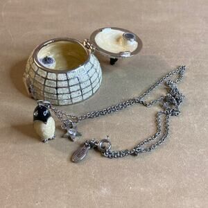 0032 Y2K Monet Enamel Igloo Trinket Box w/Matching Penguin Charm Necklace (2008)